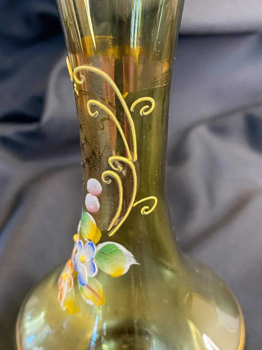 Vintage Hand Painted Amber Blown Glass Bohemian Cottage Core Bud Vase